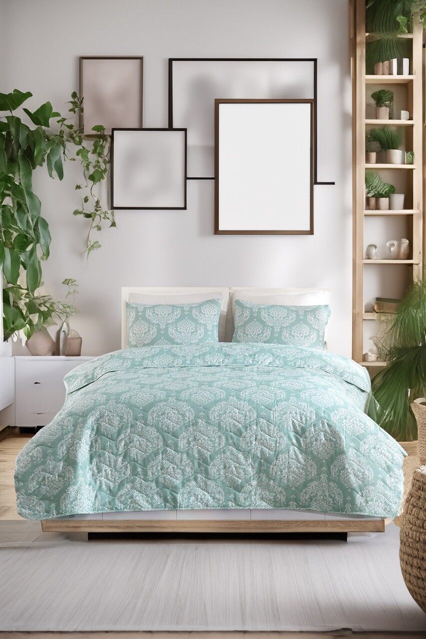 Set cuvertura de pat dubla 3 piese, L'essentiel Maison, Post, Apa Verde - imagine 4